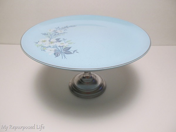 pretty plate stand made with candlestick and thrift store plate