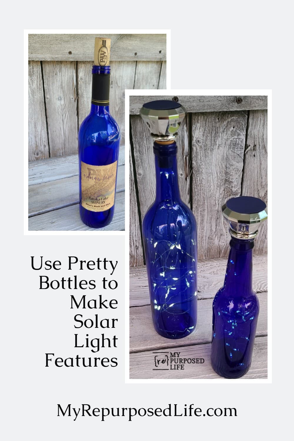 This easy wine bottle solar lights project will make you smile. The solar light opion means auto on and off that you don't get with battery operated lights. Perfect for a wedding or anniversary celebration. Maybe you have a special wine bottle you've been saving? #MyRepurposedLife #repurposed #wine #bottle #solar #lighting #wedding #anniversary via @repurposedlife