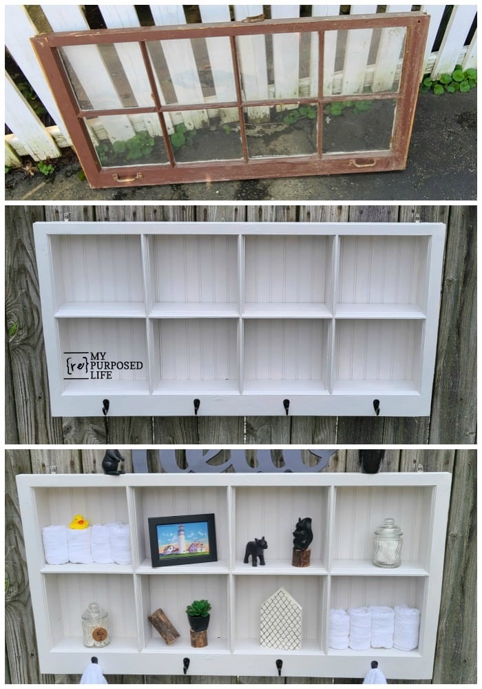 How to make a shadow box hook shelf out of new lumber and an old window. Repurposing a window into a shadow box is creative and clever! I love a great window project, and who can't use another coat rack? #MyRepurposedLife #repurposed #window #shadowbox #shelf #hooks #coatrack via @repurposedlife
