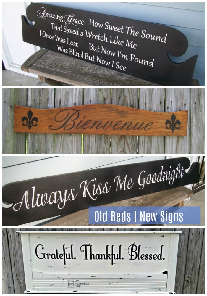 Do you have an old bed? Why not make a new sign for your home. Headboards make great diy signs for over the bed because of their size. #MyRepurposedLife #repurposed #bed #diy #sign #master #bedroom #decor via @repurposedlife