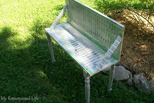 chippy shutter garden bench made from bi-fold doors