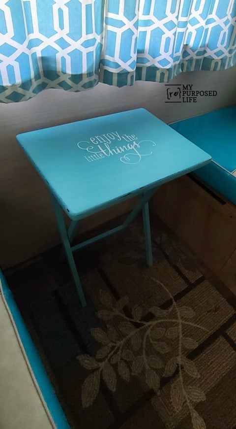 This quick and easy t.v. tray table makeover is a great way to update any old wooden furniture. Tips for painting, distressing & stenciling. #MyRepurposedLife #repurposed #tvtray #table #allinonepaint #chalkcouture #chalkpaste #transfer #enjoythelittlethings via @repurposedlife