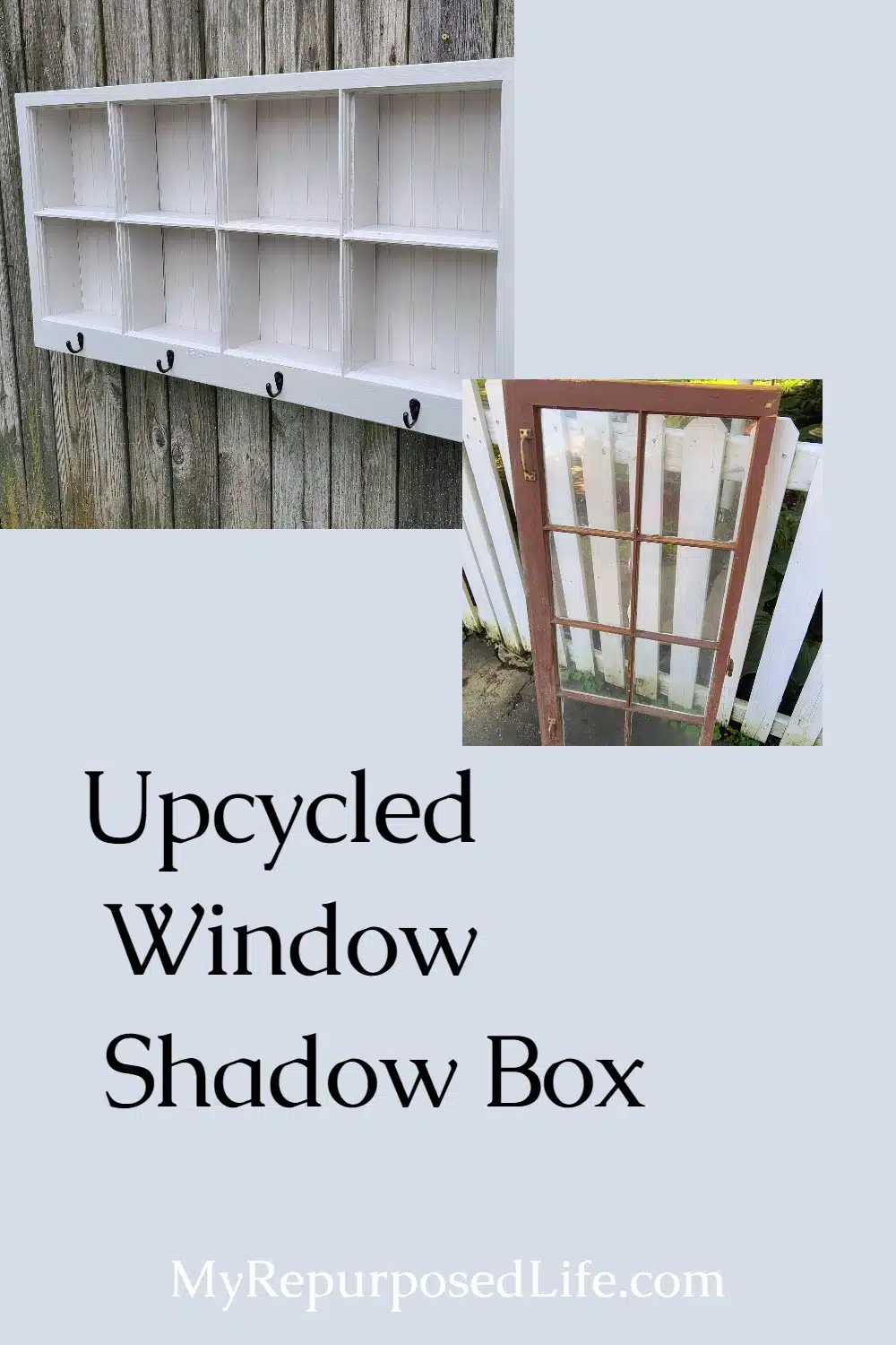 How to make a shadow box hook shelf out of new lumber and an old window. Repurposing a window into a shadow box is creative and clever! I love a great window project, and who can't use another coat rack? #MyRepurposedLife #repurposed #window #shadowbox #shelf #hooks #coatrack via @repurposedlife