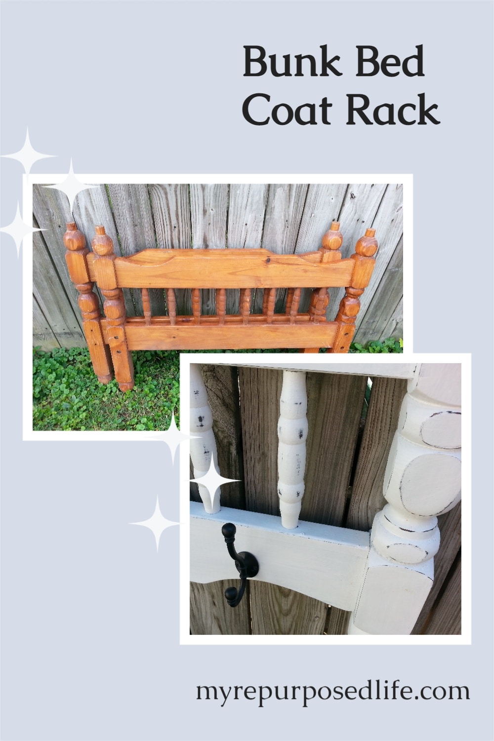 My Repurposed Life will show you how to make a DIY Coat Rack out of a repurposed bunk bed. Great tips on painting and distressing. #MyRepurposedLife #repurposed #bed #bunkbed #diy #coatrack #distressed #painting via @repurposedlife