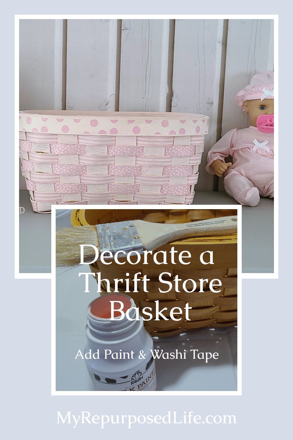 Make this cute washi tape basket out of a thrift store find and a collection of washi tape. I painted mine, but you could skip that step. This isn't nearly as time consuming as it may appear. #MyRepurposedLife #repurpose #thrift #basket #washi #babygirl via @repurposedlife