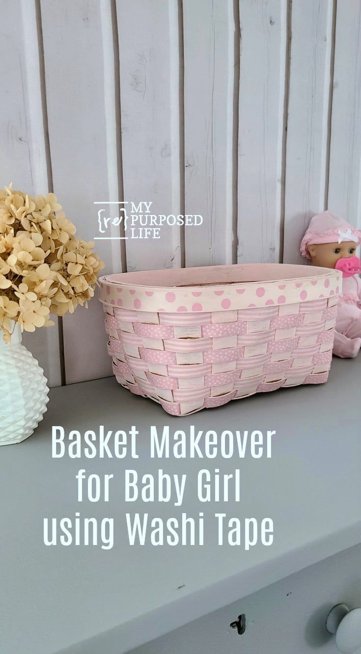 pink washi tape basket makeover for baby girl MyRepurposedLife