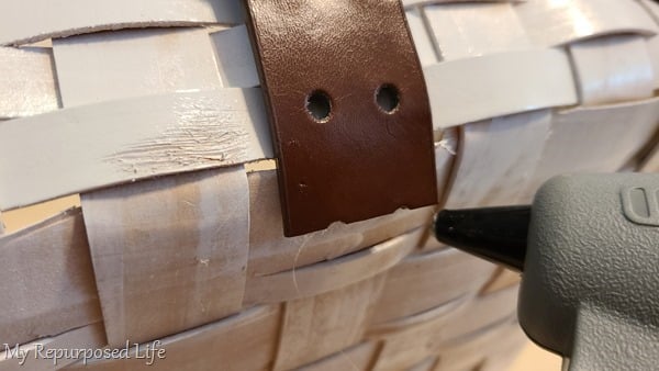 secure leather belt to thrift store basket with glue gun