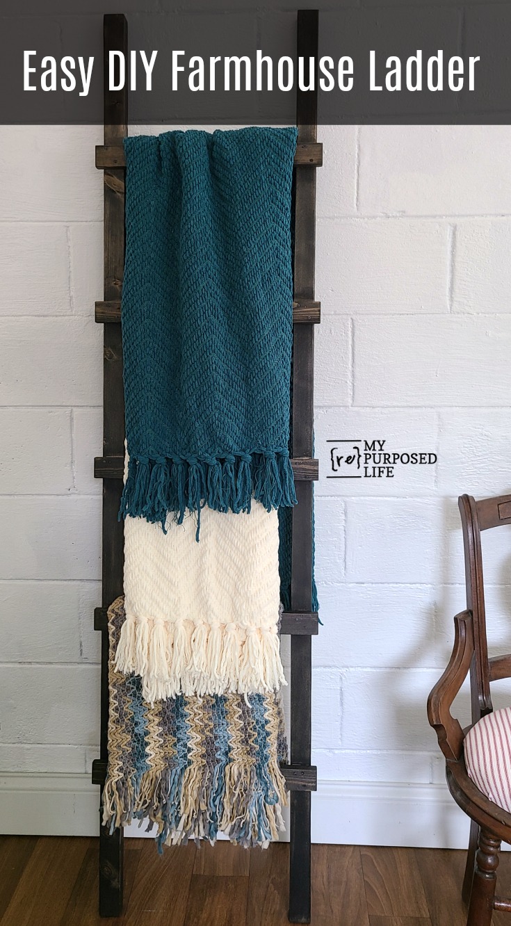 I'm sharing the easiest ever farmhouse ladder tutorial. You can easily replicate this blanket ladder project on your own in a couple of hours. #MyRepurposedLife #farmhouse #blanket #ladder #homedecor via @repurposedlife