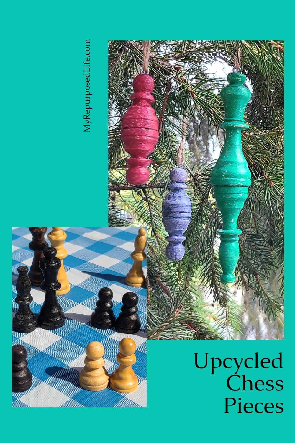 How to make spindle ornaments for Christmas out of repurposed wooden chess pieces. This easy project can be completed in just a couple of hours. #MyRepurposedLife #repurposed #chesspieces #Christmas #ornaments #spindles via @repurposedlife