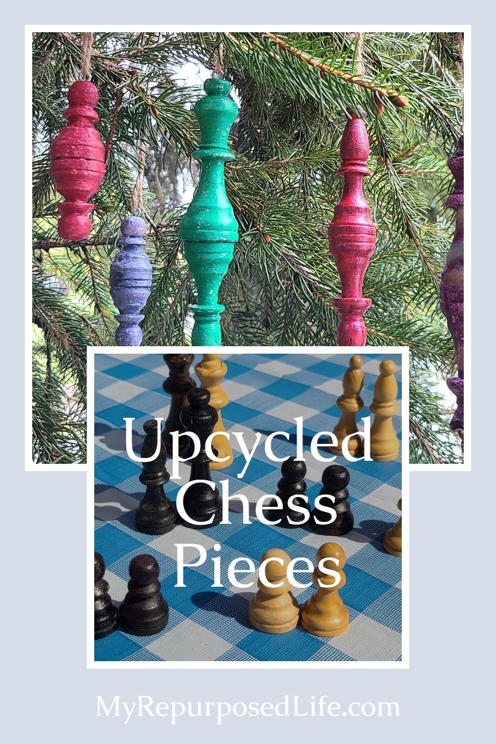 How to make spindle ornaments for Christmas out of repurposed wooden chess pieces. This easy project can be completed in just a couple of hours. #MyRepurposedLife #repurposed #chesspieces #Christmas #ornaments #spindles via @repurposedlife