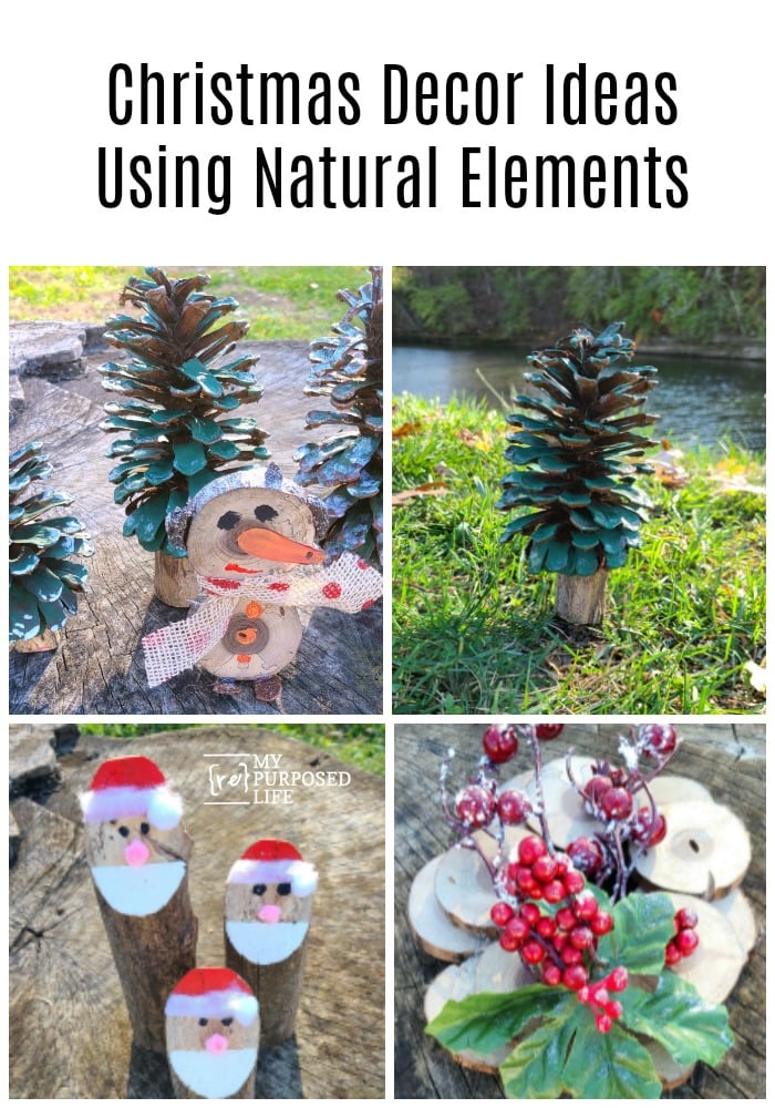 How to make easy tree branch Christmas decor with items from your yard! Use pinecones, small branches and more! Step by step directions. Fun and easy projects. #MyRepurposedLife #repurposed #christmas #decorideas #woodslices #logs via @repurposedlife