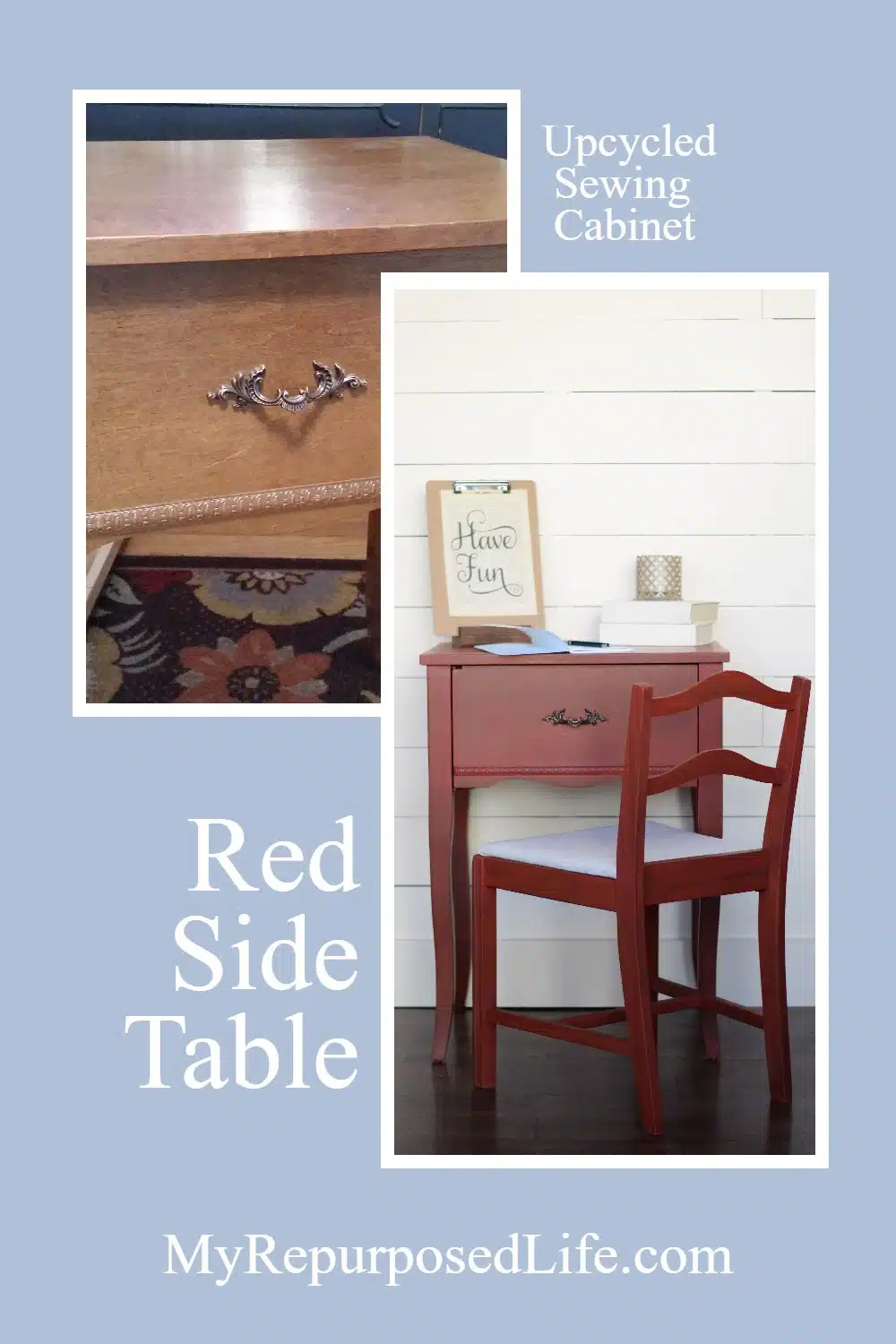 How to turn a sewing cabinet into a fun red side table. The side table paired with a chair makes a great writing desk. Easy project for even a beginner. #MyRepurposedLife #repurposed #furniture #sewing #cabinet #easy #diy #project via @repurposedlife