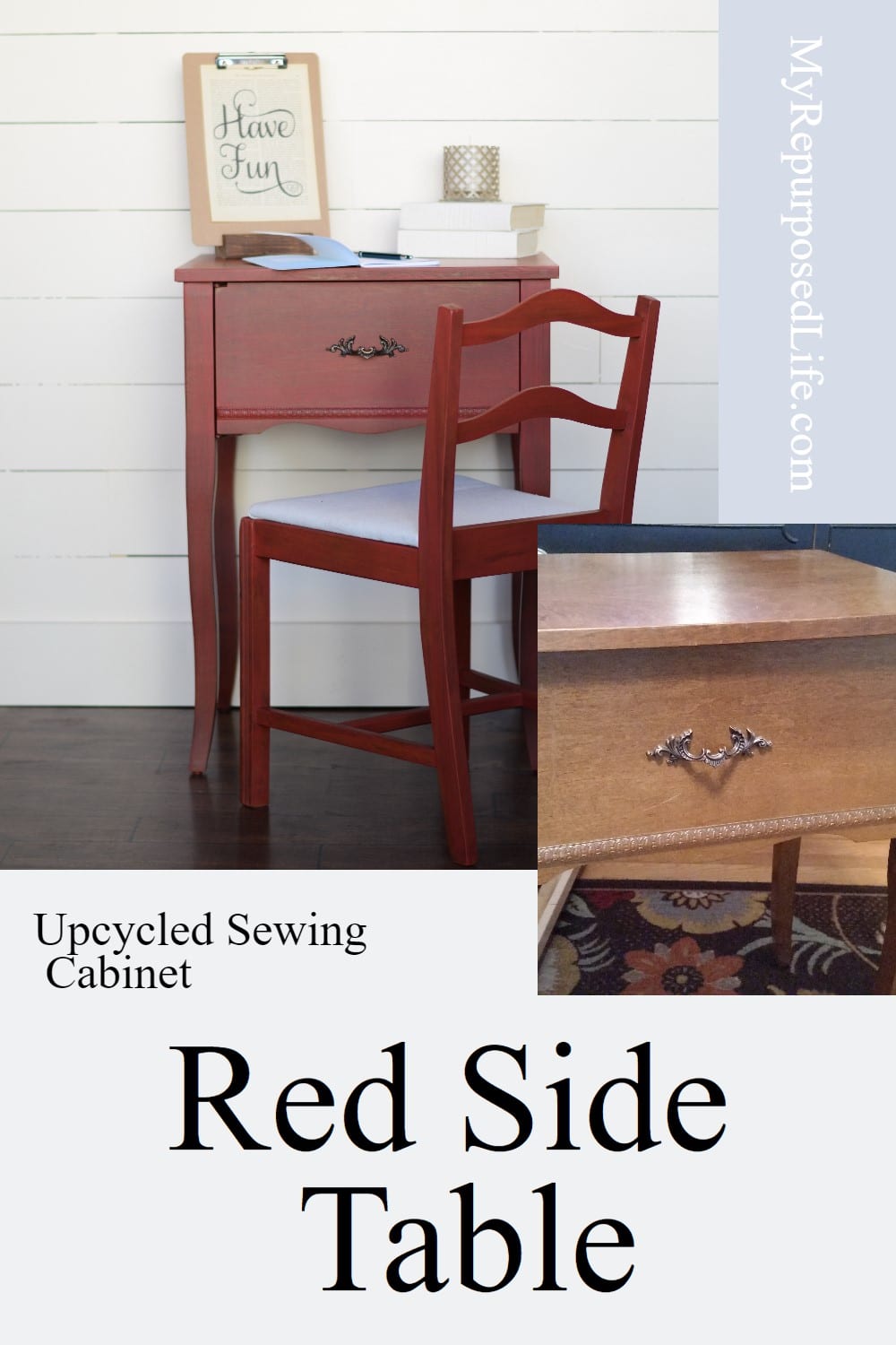 How to turn a sewing cabinet into a fun red side table. The side table paired with a chair makes a great writing desk. Easy project for even a beginner. #MyRepurposedLife #repurposed #furniture #sewing #cabinet #easy #diy #project via @repurposedlife