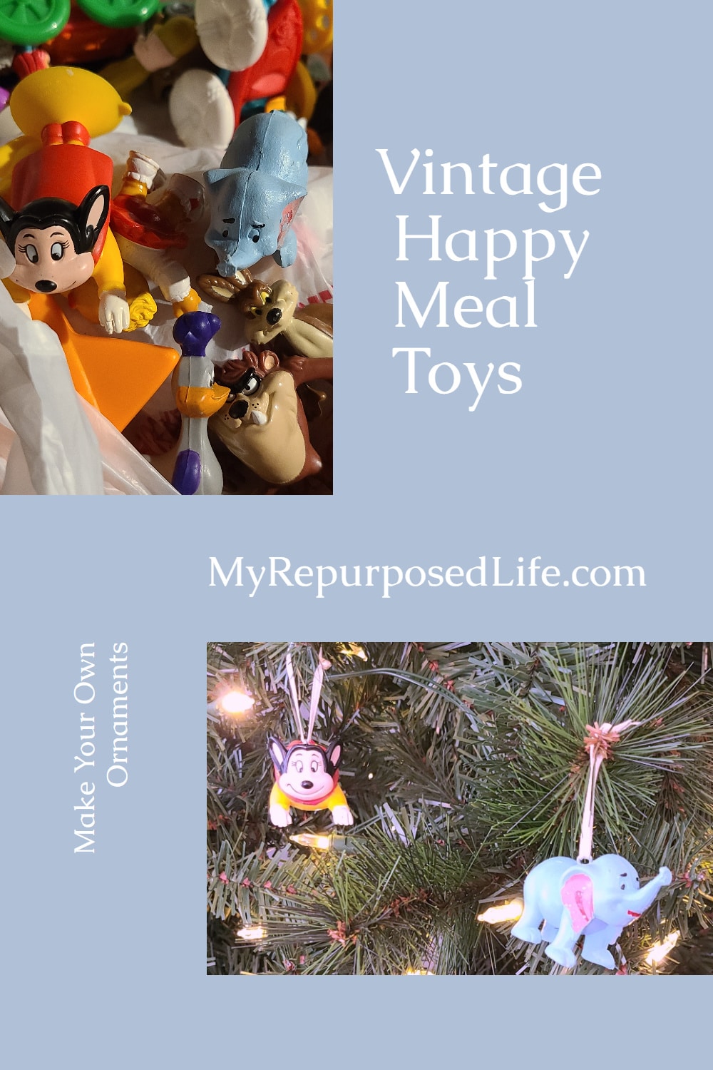 Easy project-how to make ornaments out of happy meal toys or your child's favorite action figures. Step by step directions to make your own today! #MyRepurposedLife #repurposed #happymealtoys #actionfigures #playset #diy #ornaments via @repurposedlife