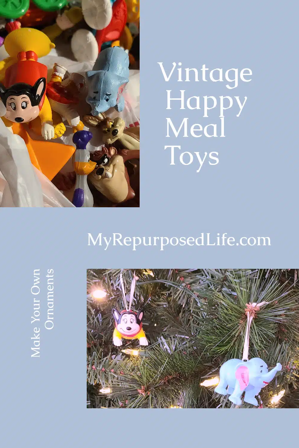 Easy project-how to make ornaments out of happy meal toys or your child's favorite action figures. Step by step directions to make your own today! #MyRepurposedLife #repurposed #happymealtoys #actionfigures #playset #diy #ornaments via @repurposedlife