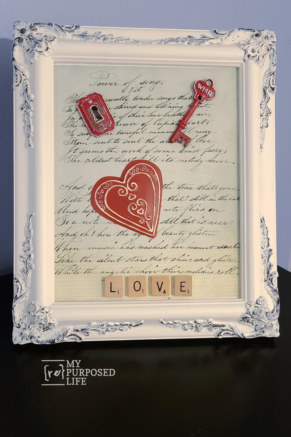 Easy Picture Frame Valentine project. Perfect as a gift, home decor, or even as a wedding gift. Step by step directions and tips to DIY it. #MyRepurposedLife #repurposed #pictureframe #diy #easy #project #valentine #wedding #homedecor via @repurposedlife