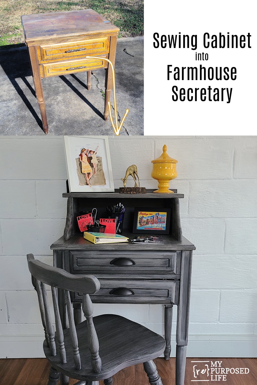 Step by step directions on how to make a secretary desk from an unwanted sewing cabinet. Perfect for laptop, or bill paying center. Tips for building and painting. #MyRepurposedLife #repurposed #upcycle #sewingcabinet #secretary via @repurposedlife  via @repurposedlife