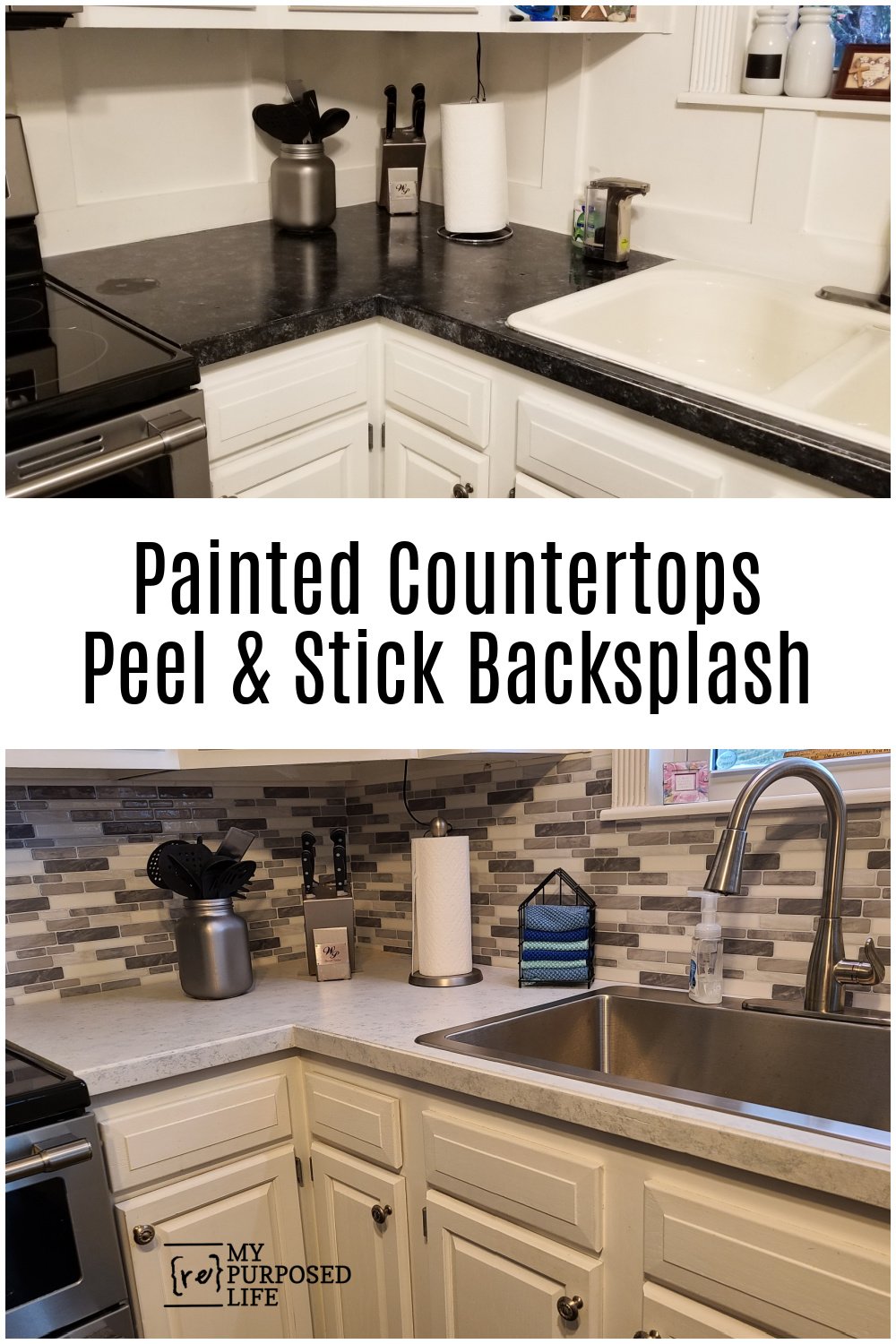 painted countertops peel and stick backsplash via @repurposedlife