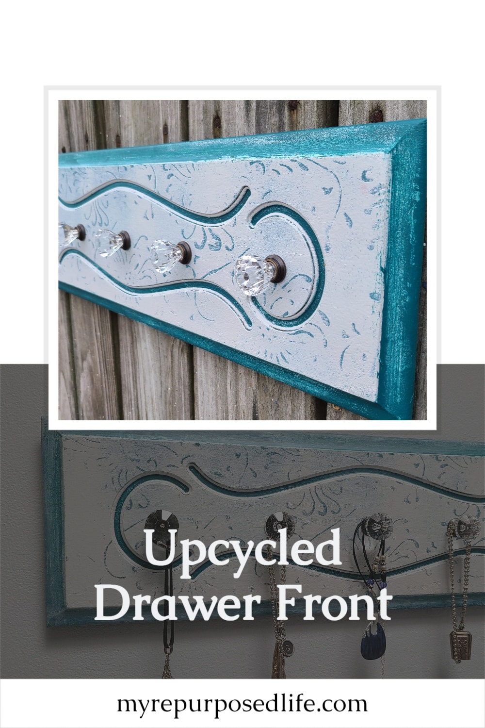How to make a wooden hanging necklace organizer using a repurposed drawer front and new glass knobs. Hang jewelry, scarves, hats and more. #MyRepurposedLife #repurposed #drawer #jewelry #organizer #diy via @repurposedlife