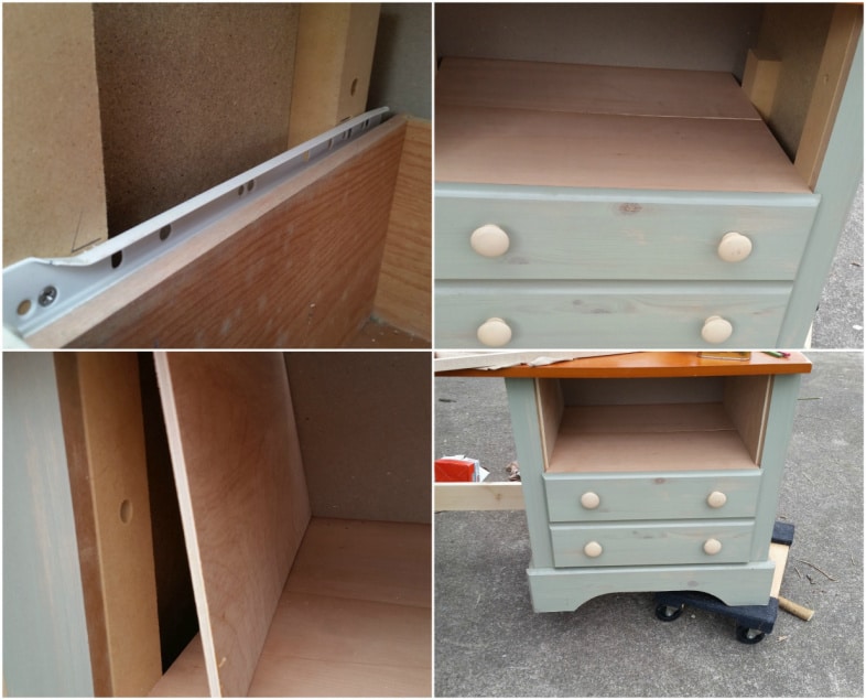 collage showing 4 steps to add wood to inside of cabinet