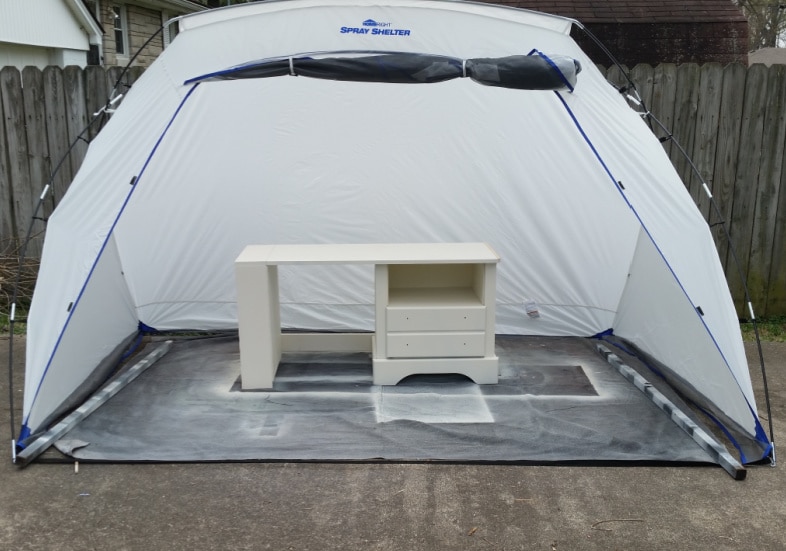 homeright spray shelter with kid's desk in it