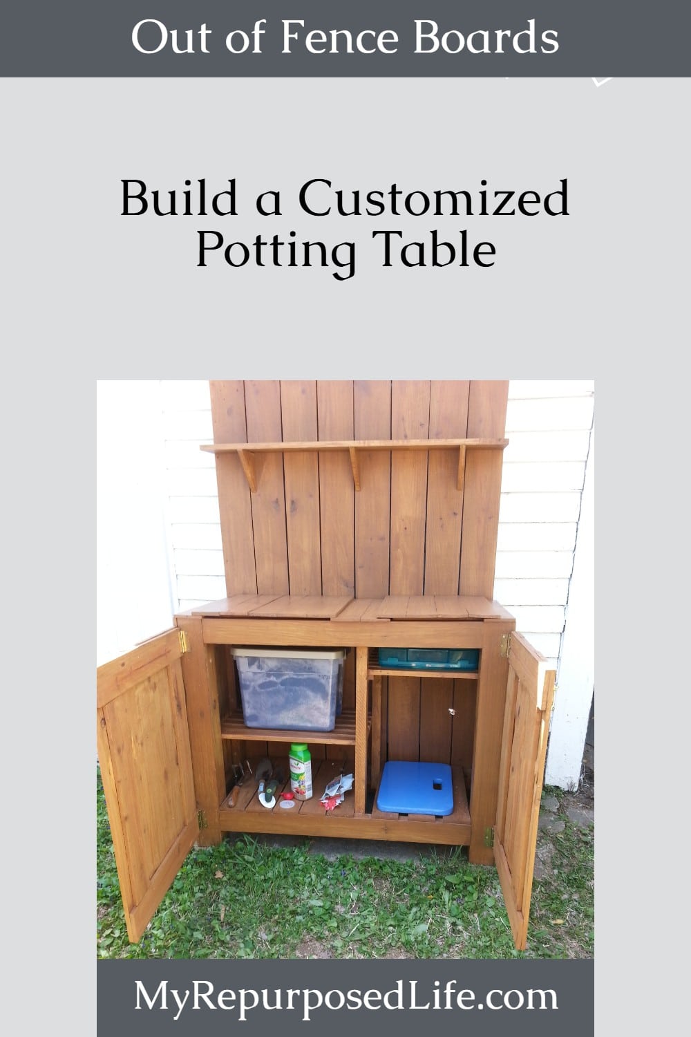 How to make a diy potting table bench using old fence boards and other random bits and pieces. Doing it yourself means you can make it your own. #MyRepurposedLife #diy #pottingtable #garden #reclaimedwood via @repurposedlife
