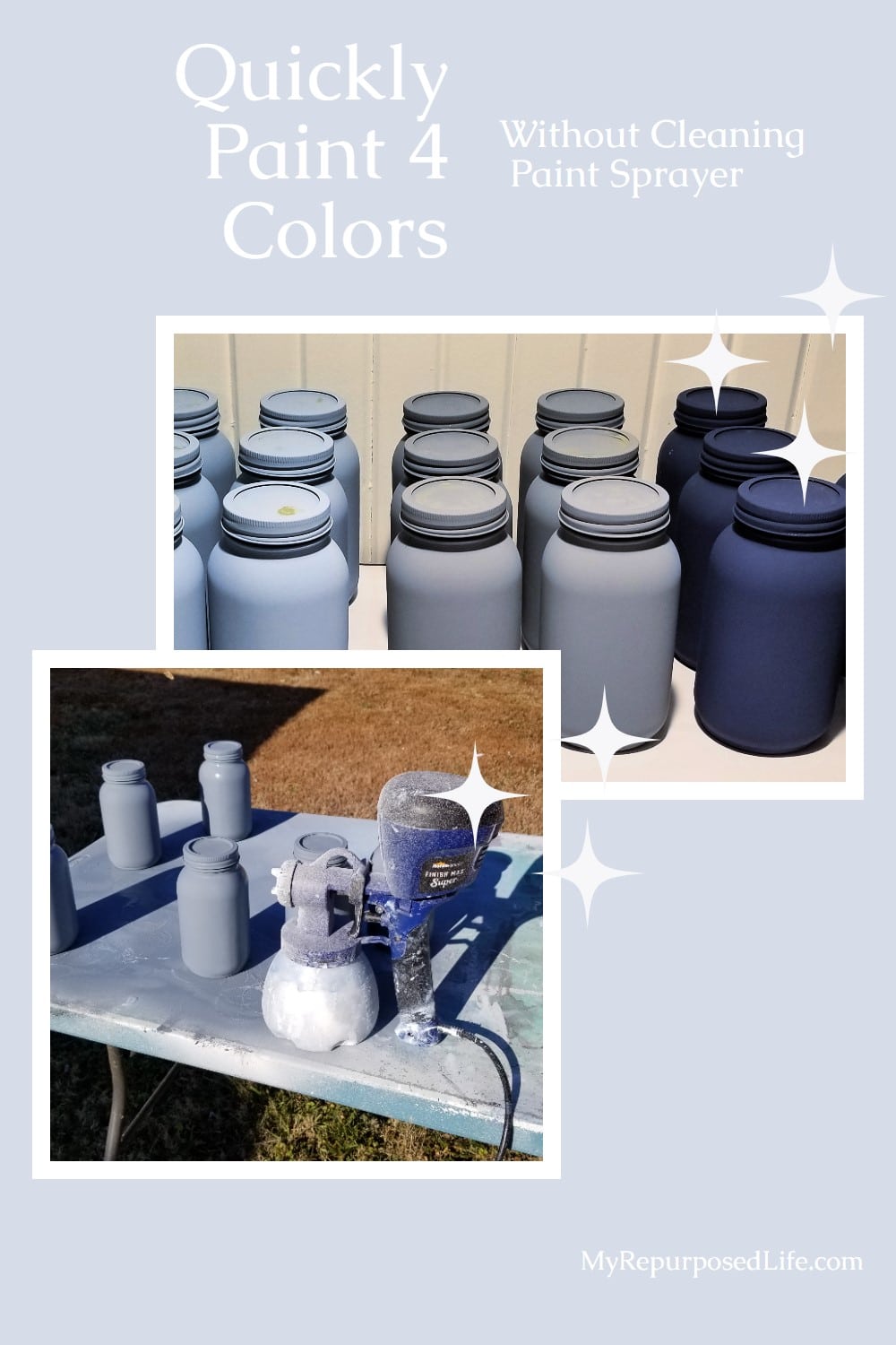 Here's a fun and easy way of painting mason jars FOUR different colors without changing out your paint cup or cleaning your paint sprayer. #MyRepurposedLife #repurposed #painting #masonjars #easy #diy via @repurposedlife