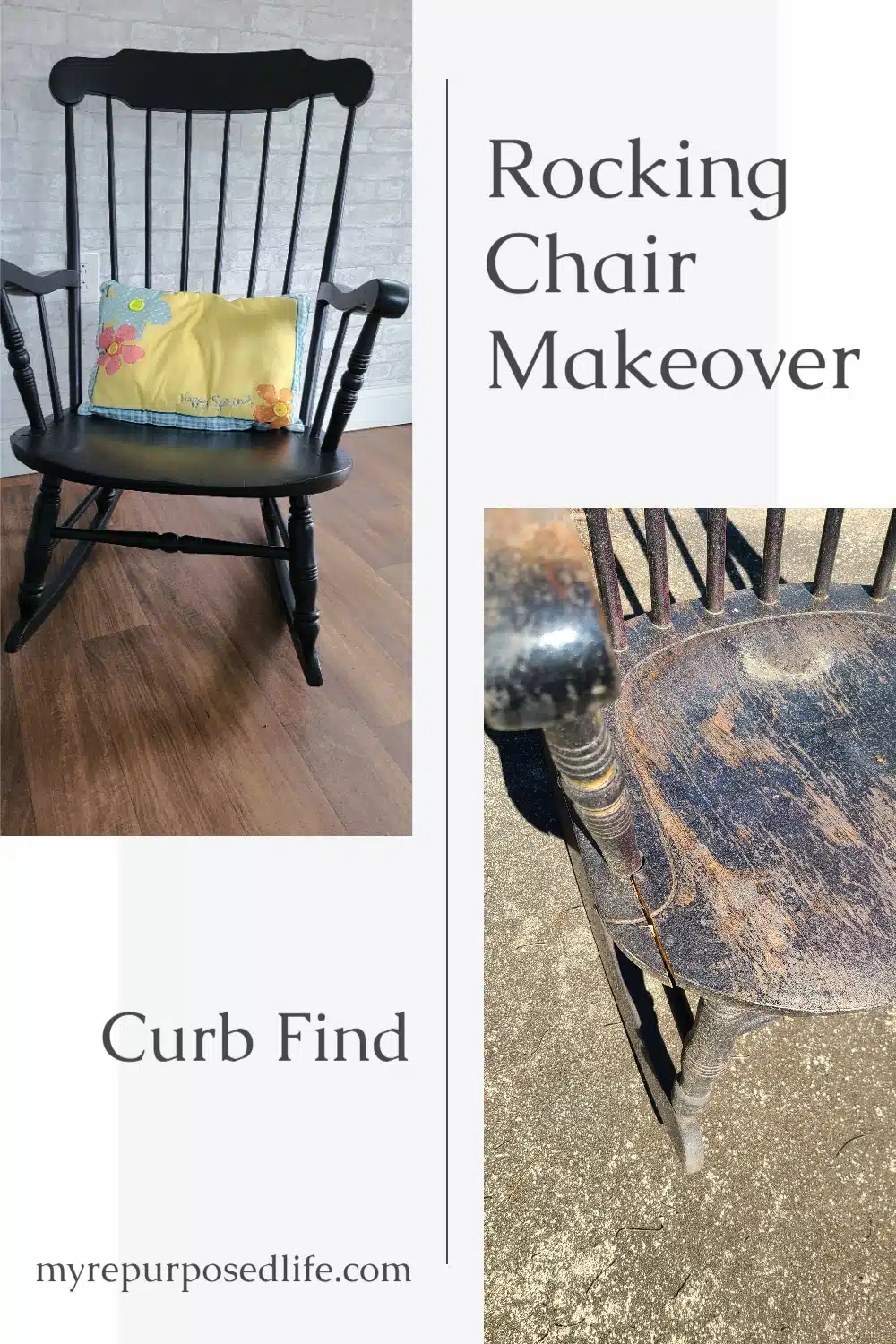 Steps for saving an old abused chair. In this wooden rocking chair makeover tutorial, you will see steps to bring an old piece back to life. Most people would throw this chair away. But it still had a lot of life left. #myrepurposedlife #trashtotreasure #furniture #makeover via @repurposedlife