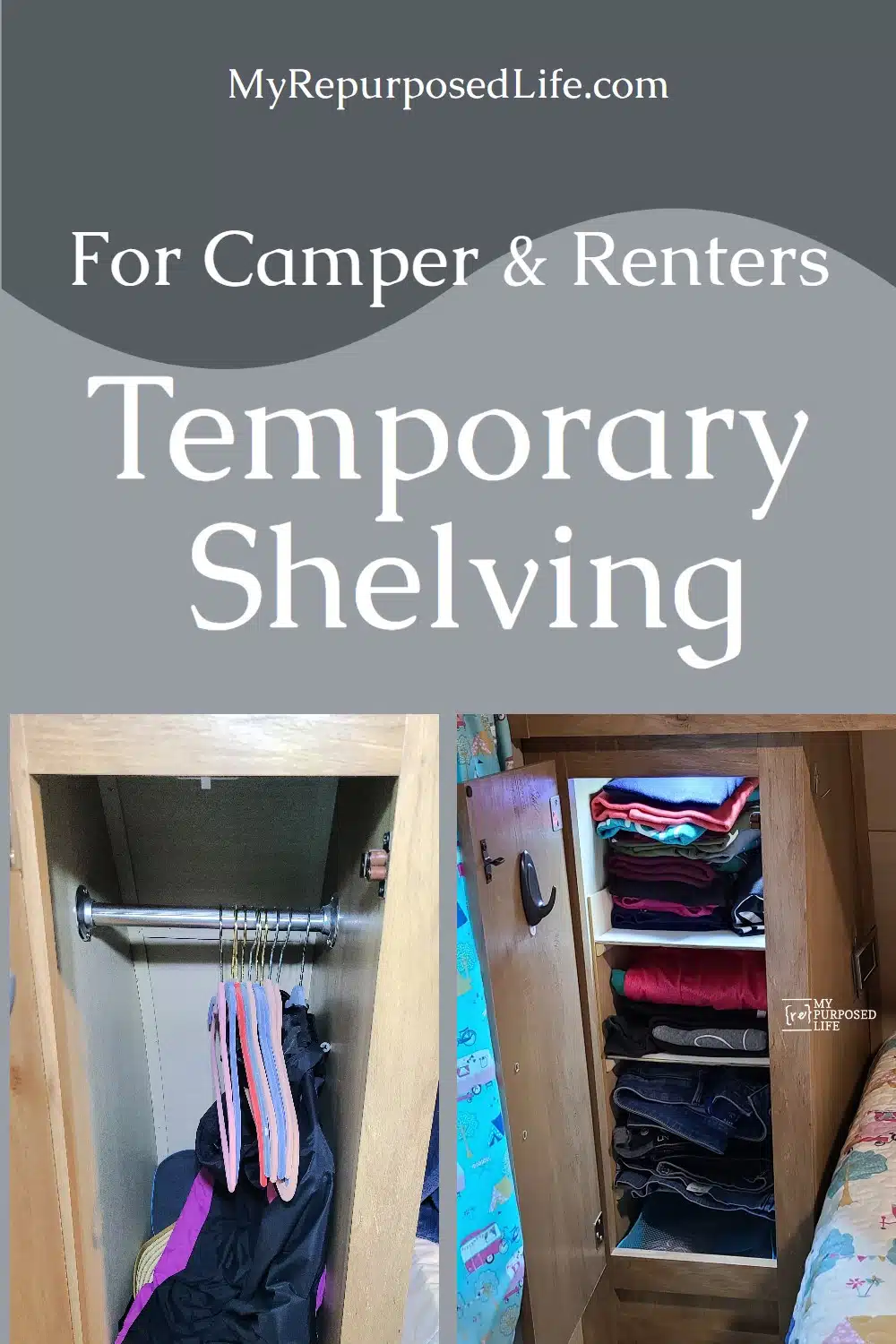 If you have a small closet but need a lot of storage, try these no drill shelves. Step by step directions and tips if you don't have tools. #MyRepurposedLife #DIY #closet #shelves #renters #campers via @repurposedlife