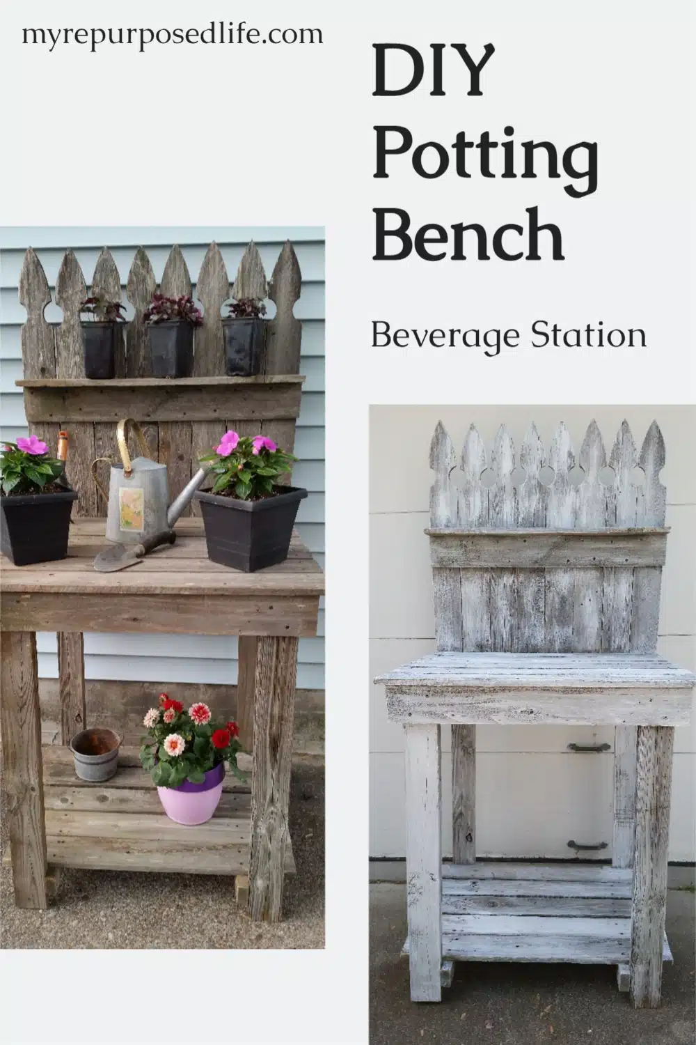 How to make your own reclaimed wood potting bench out of old fencing. This easy project also makes the perfect outdoor beverage station. #MyRepurposedLife #repurposed #outdoor #pottingbench #beveragestation #diy via @repurposedlife