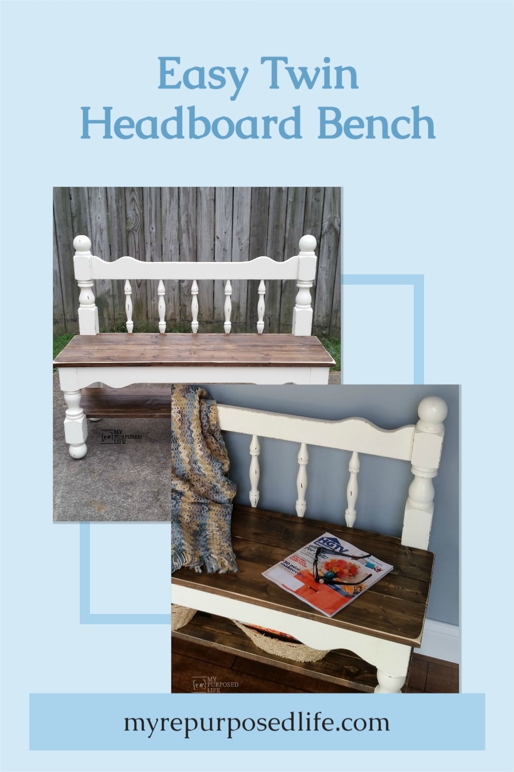 White Twin headboard bench. Easy bench tutorial so you can make one this weekend. Tips on distressing and more. #MyRepurposedLife #repurposed #furniture #headboard #bench #twinbed via @repurposedlife