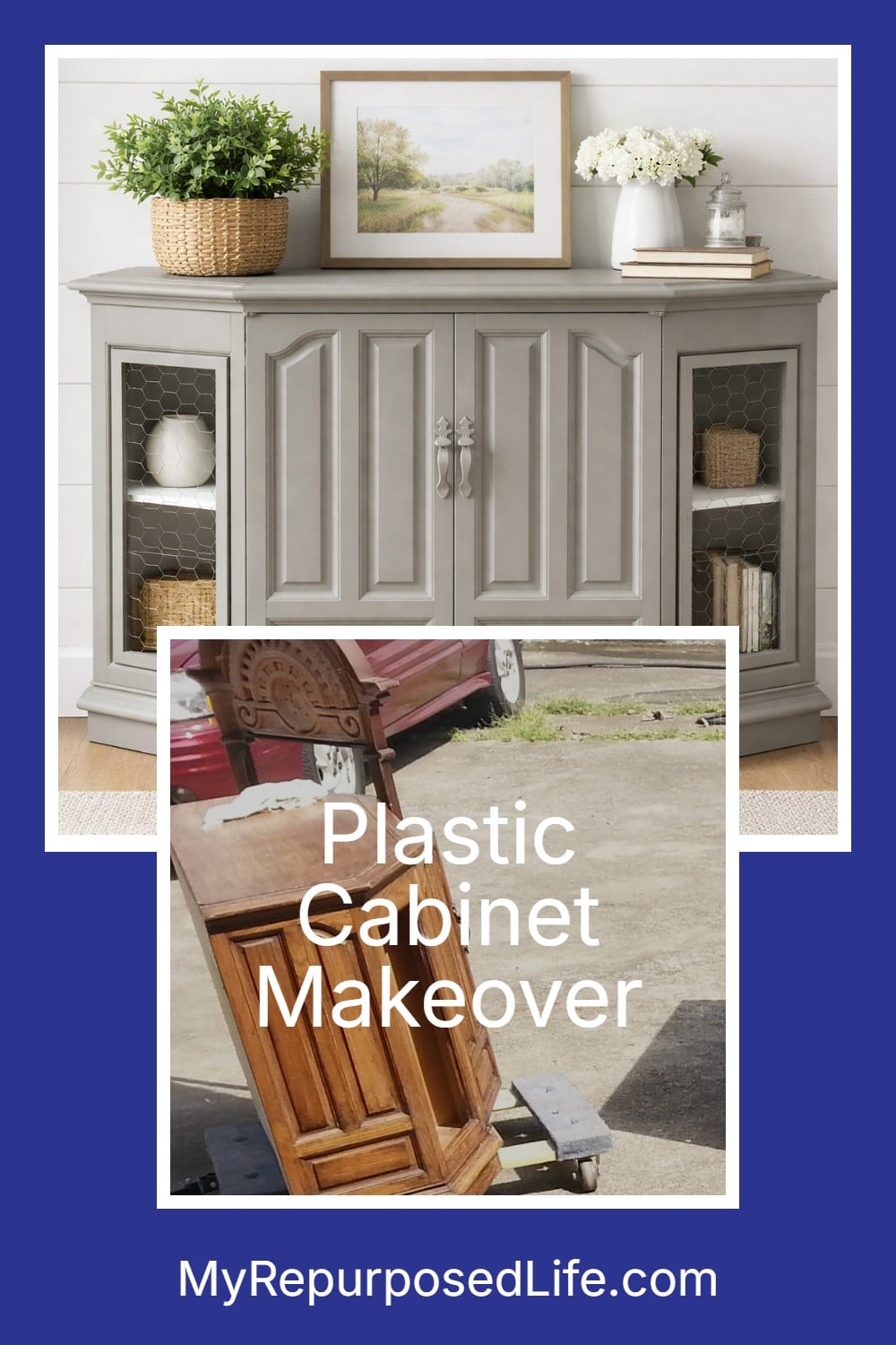 upcycled plastic cabinet decor