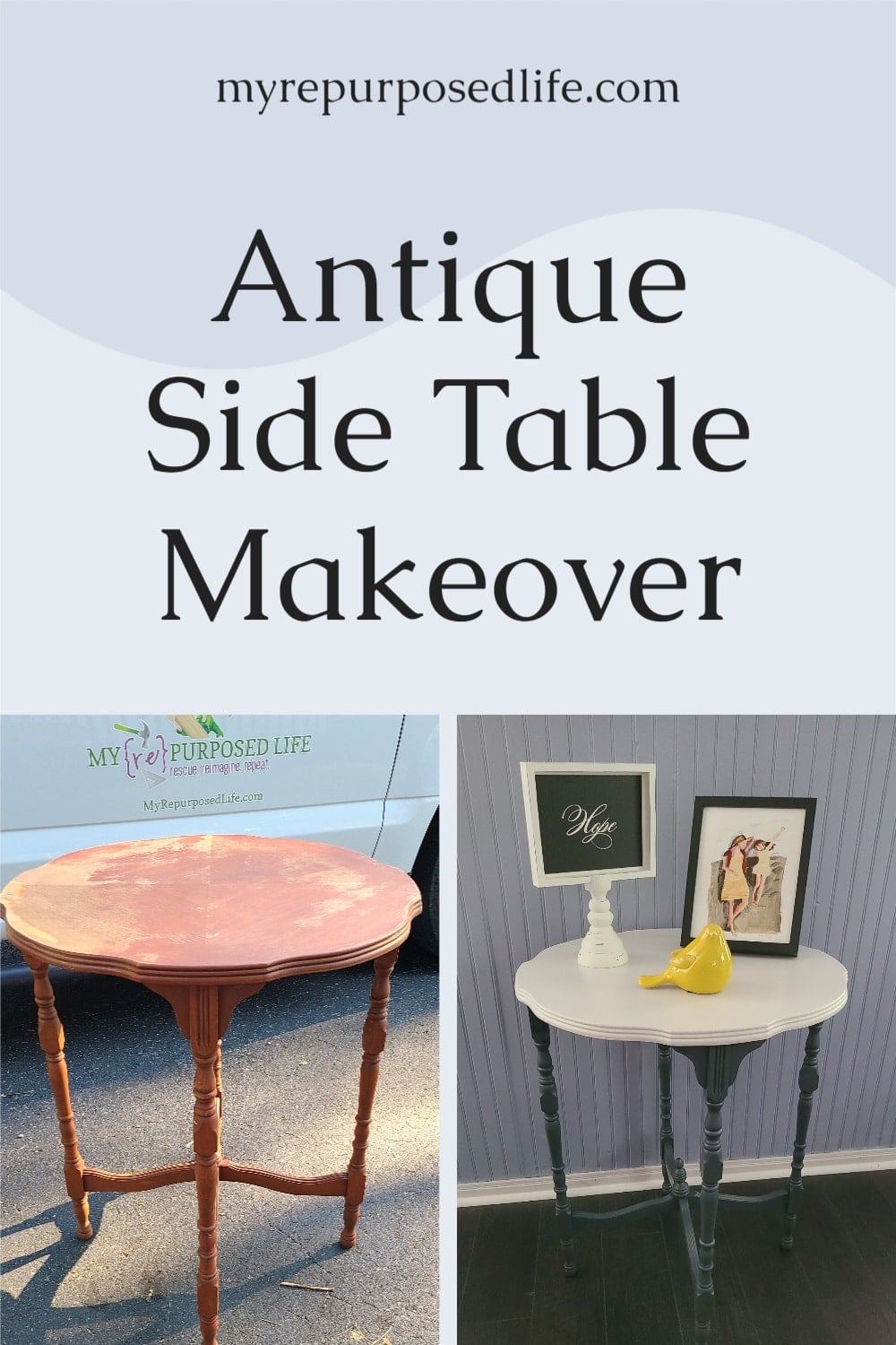 Don't throw out that antique side table. With a little paint, you can have a new two toned table, perfect for any corner in your home. #MyRepurposedLife #antique #sidetable #makeover #furniture #htp via @repurposedlife