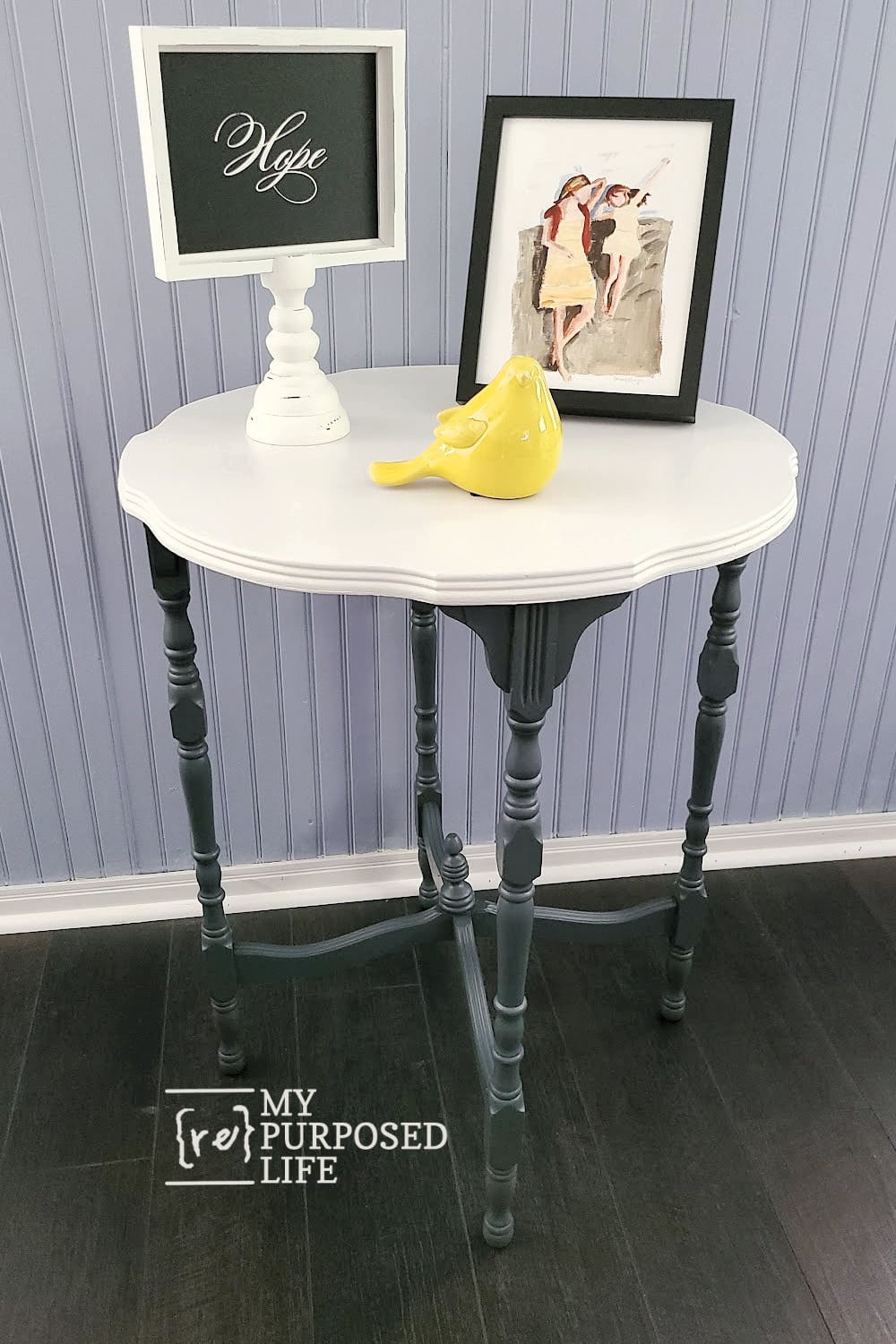 antique two-toned side table makeover with paint