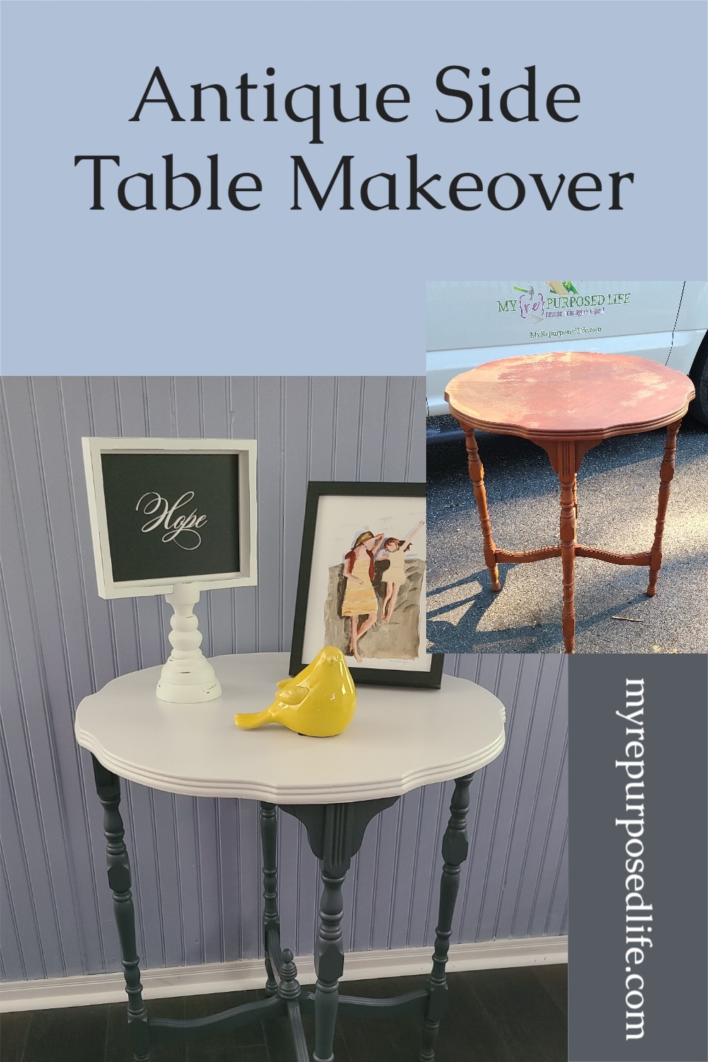Don't throw out that antique side table. With a little paint, you can have a new two toned table, perfect for any corner in your home. #MyRepurposedLife #antique #sidetable #makeover #furniture #htp via @repurposedlife