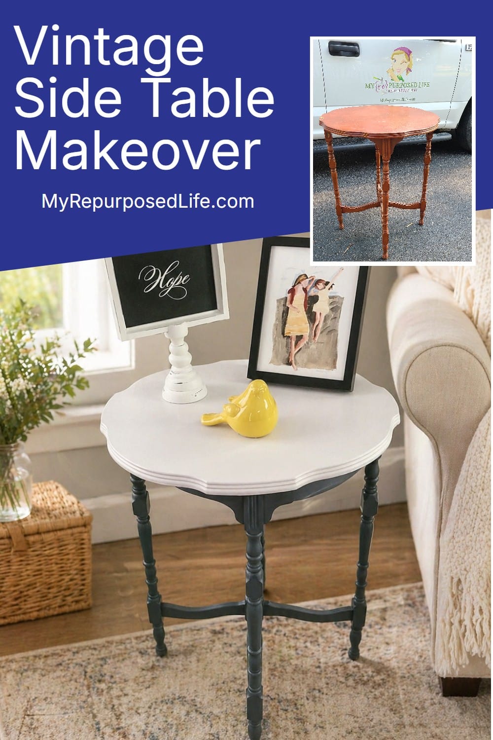 pretty vintage table makeover with light and dark gray paint