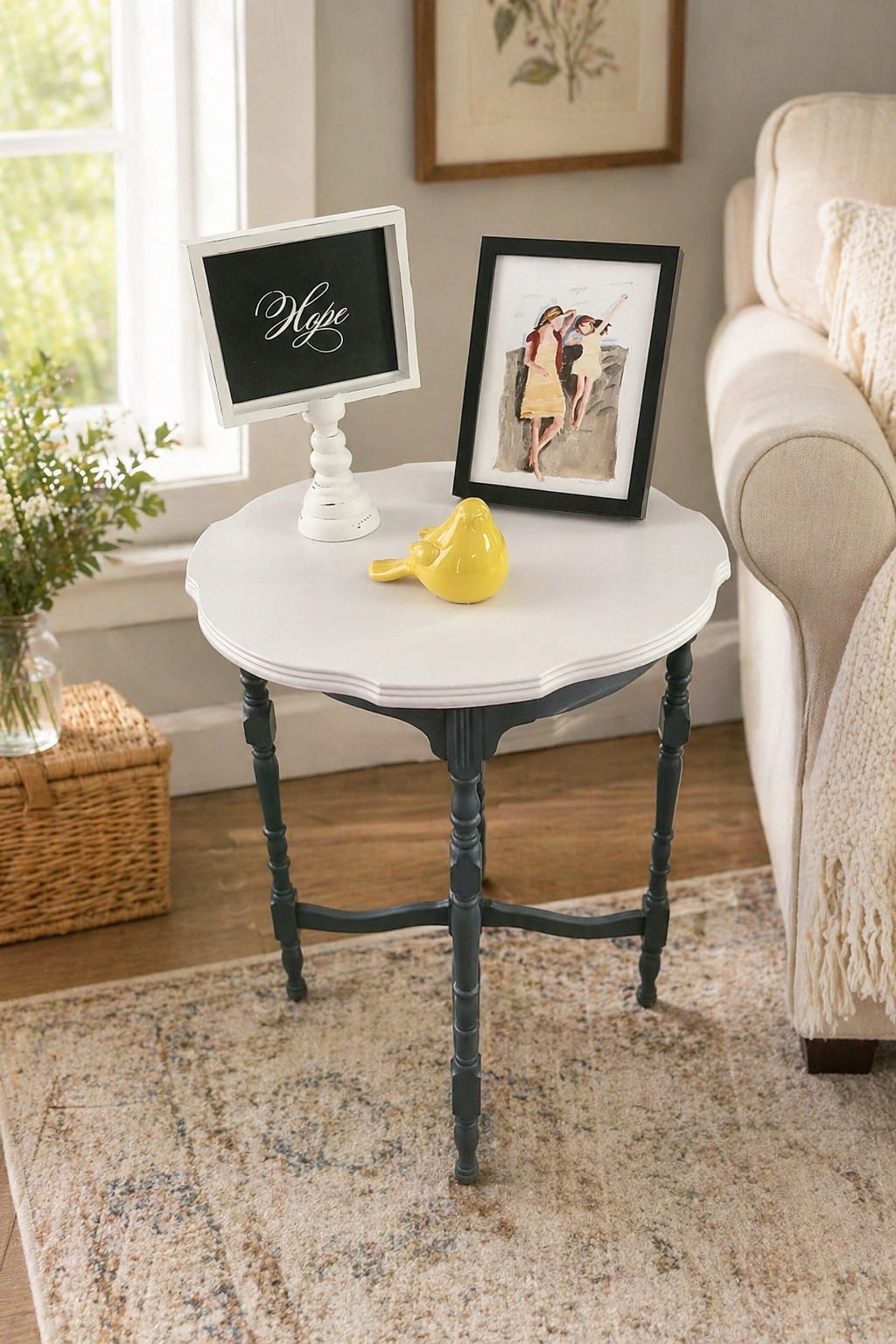 two-toned gray side table in a cozy living room