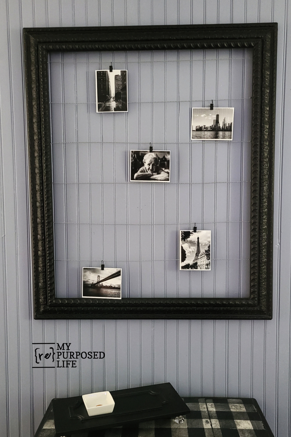 How to turn a repurposed thrift store art frame into a fun and useful photo display project. Step by step directions and tips to make it an easy afternoon project. #MyRepurposedLife #repurposed #frame #thriftstore #photodisplay #project #diy via @repurposedlife