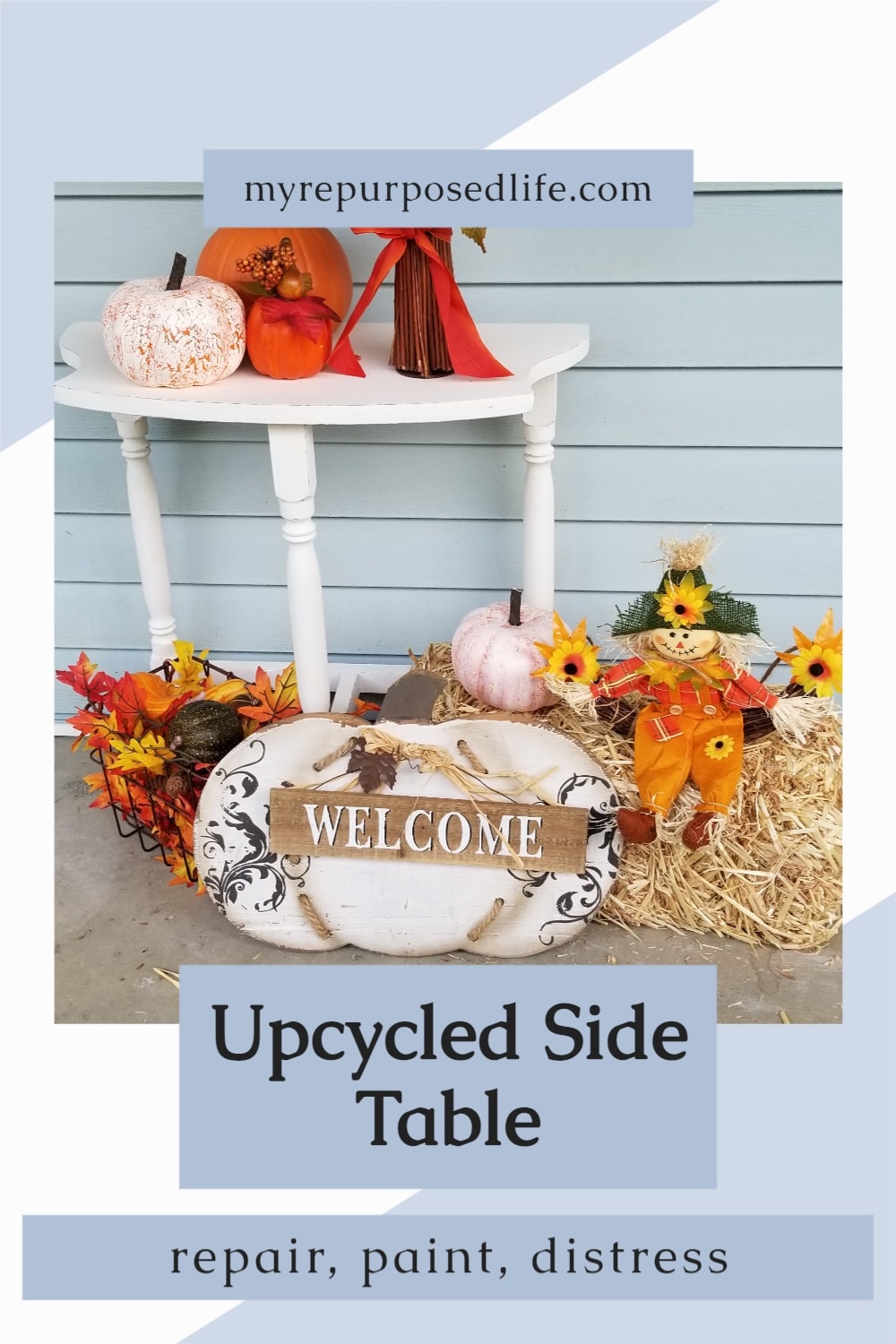 A thrift store table gets a quick makeover just in time to be the star of a Fall porch. Tips on painting, distressing and repairing furniture. This easy makeover will have you looking for small side tables at your local thrift store. #MyRepurposedLife #furniture #makeover #fall #porch #decor #distressing via @repurposedlife