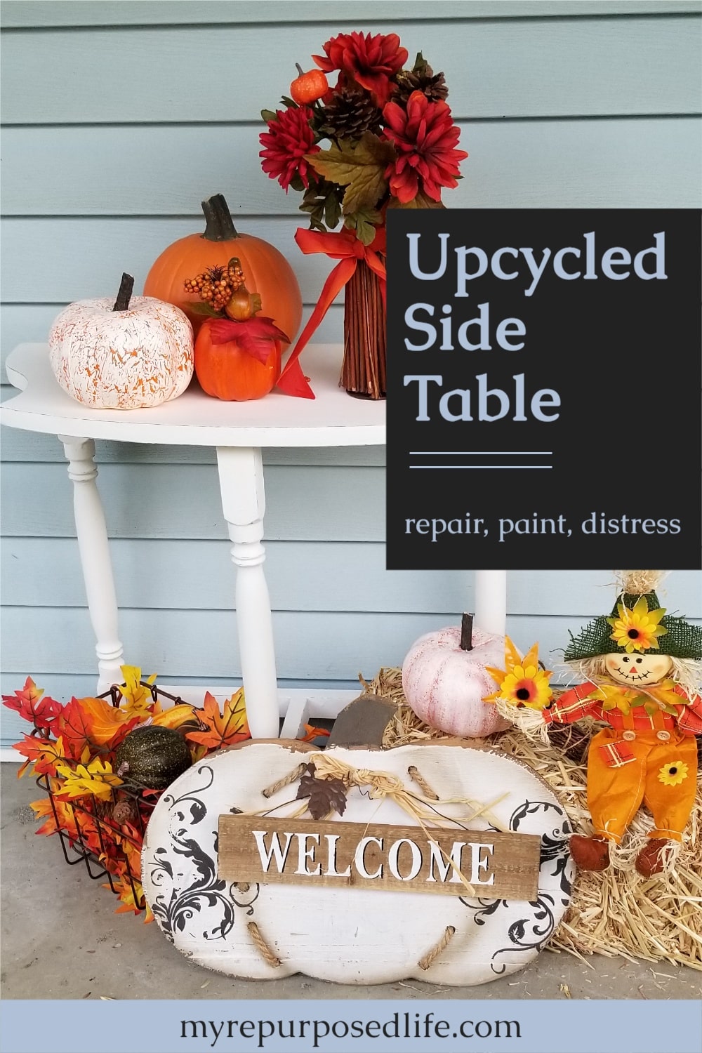 A thrift store table gets a quick makeover just in time to be the star of a Fall porch. Tips on painting, distressing and repairing furniture. This easy makeover will have you looking for small side tables at your local thrift store. #MyRepurposedLife #furniture #makeover #fall #porch #decor #distressing via @repurposedlife