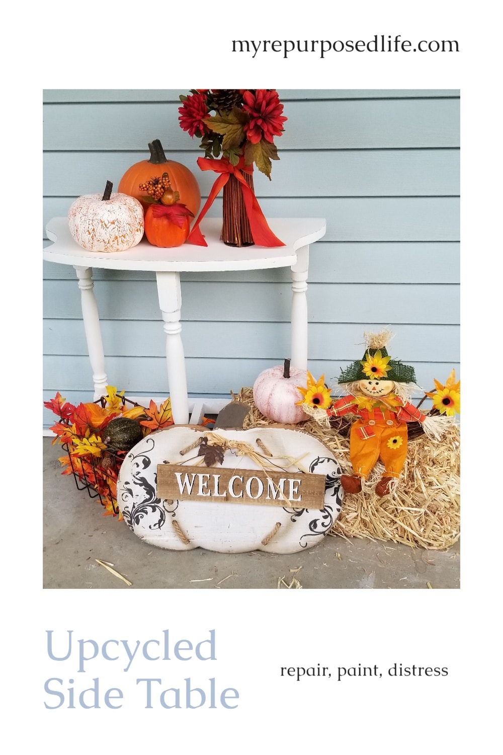 A thrift store table gets a quick makeover just in time to be the star of a Fall porch. Tips on painting, distressing and repairing furniture. This easy makeover will have you looking for small side tables at your local thrift store. #MyRepurposedLife #furniture #makeover #fall #porch #decor #distressing via @repurposedlife