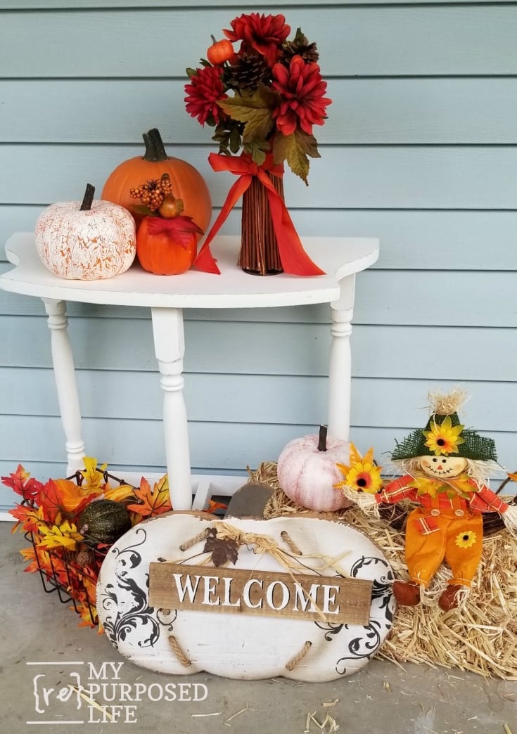 fall porch decor upcycled side table MyRepurposedLife