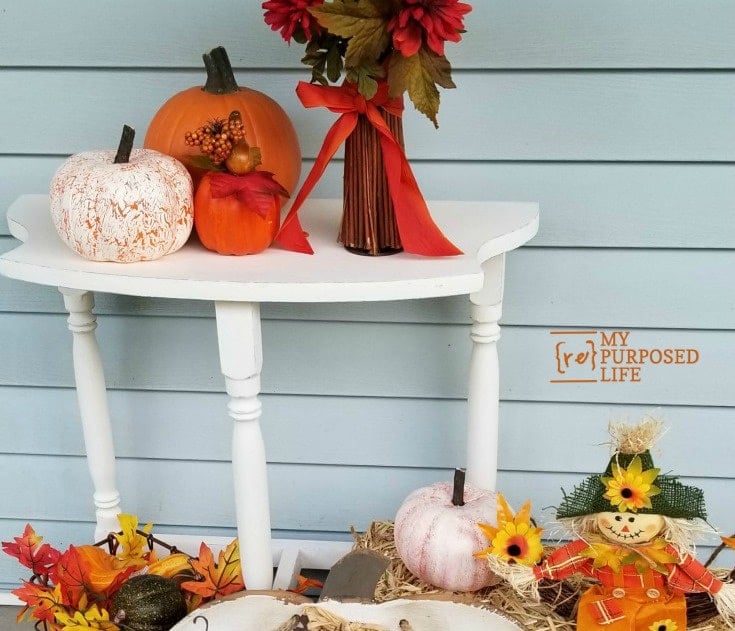 fall porch decor white upcycled side table MyRepurposedLife