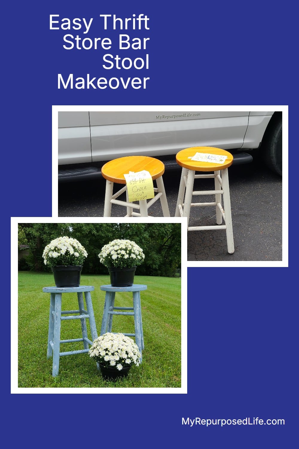 A thrift store bar stool makeover project you can do in an afternoon. Specific steps to follow for the very best outcome quickly. #MyRepurposedLife #repurposed #thriftstore #barstool #makeover #diy #easy via @repurposedlife