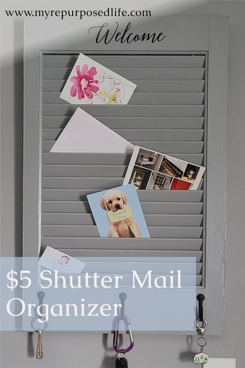 This $5 shutter gets a new purpose, a mail organizer. This is THE easiest shutter project you will ever find. No wood, no sawing. The secret is cardboard and hot glue. #MyRepurposedLife #repurposed #upcycled #shutter #mailorganizer #diy #easy via @repurposedlife