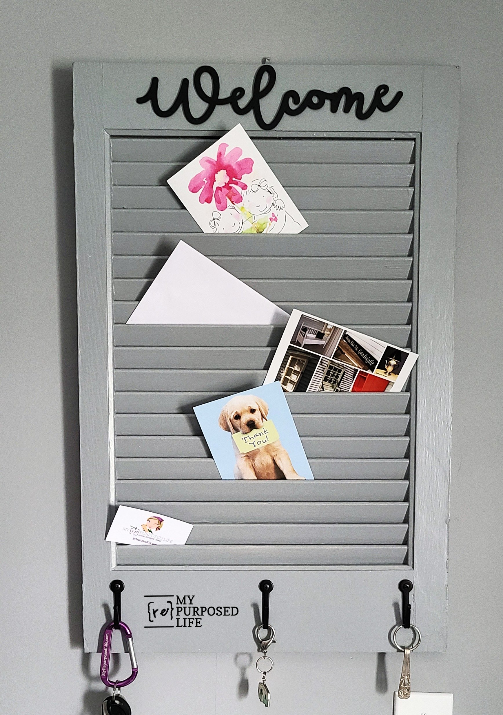 repurposed shutter mail organizer