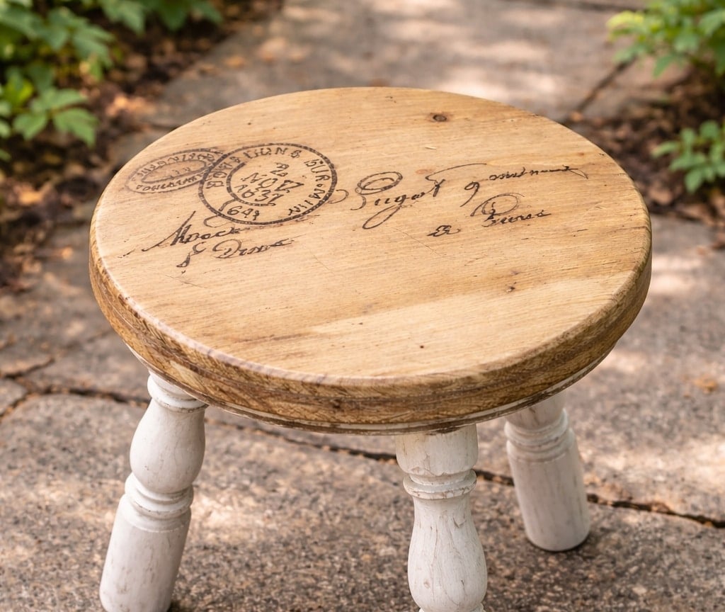 small stool with a french postcard graphic using a pencil transfer