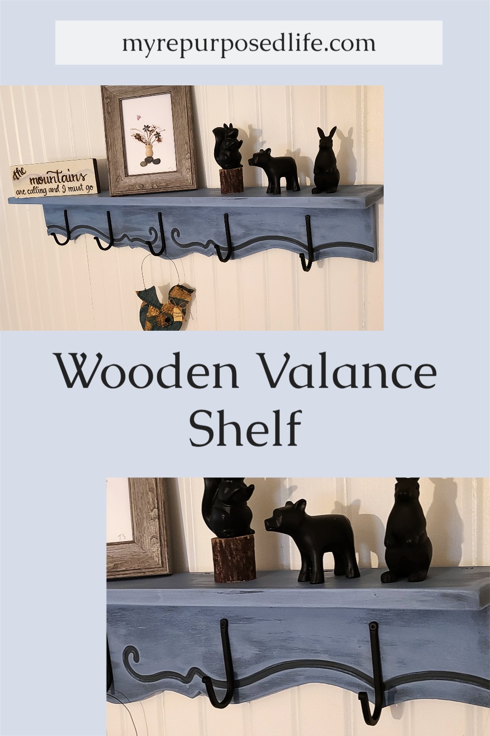 How to make a wooden valance shelf using an old kitchen cabinet piece, new lumber and cute black hooks for hanging items. #MyRepurposedLife #repurposed #upcycle #diy #hook #shelf #valance via @repurposedlife