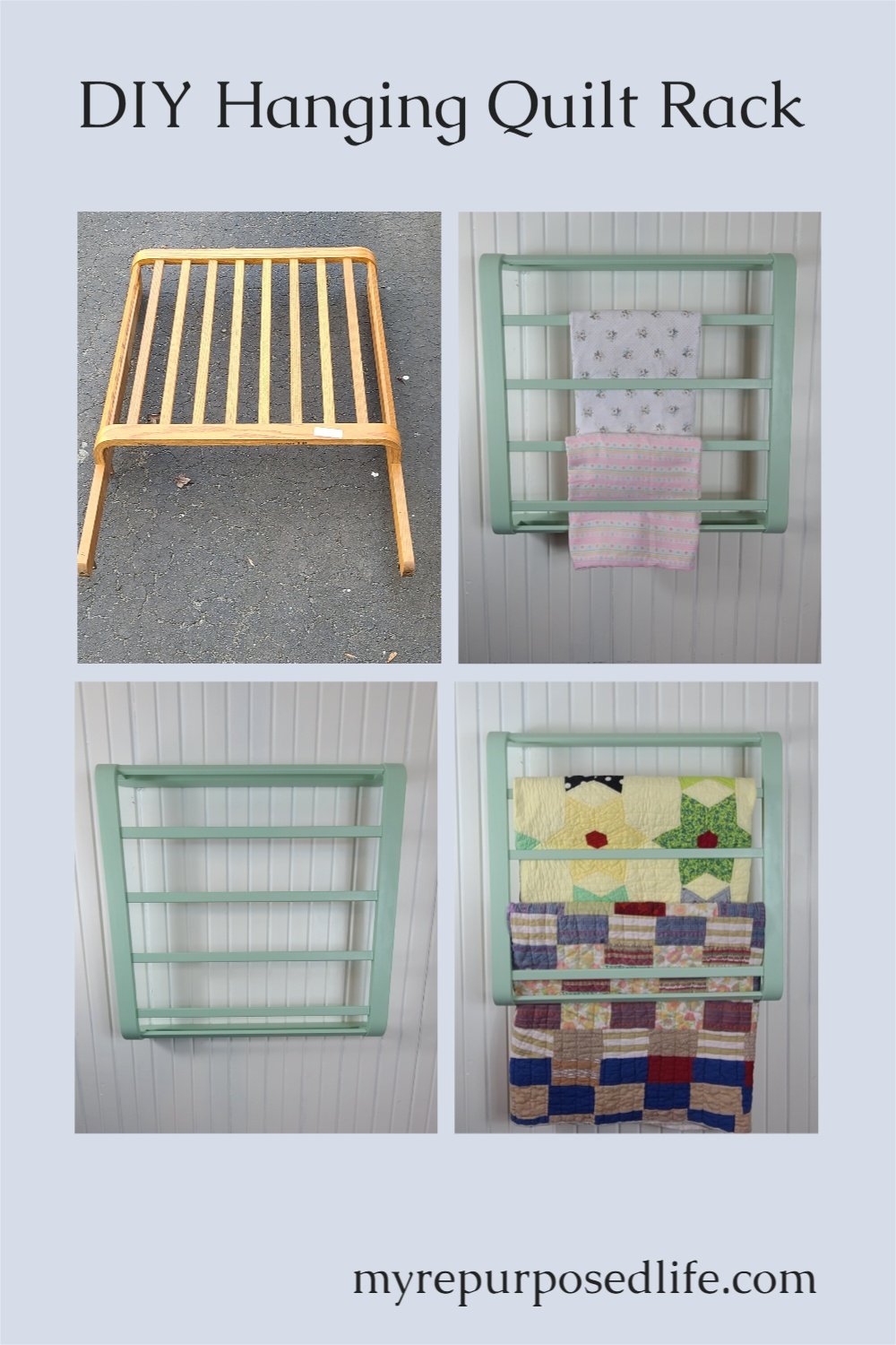 How to make a wood wall mounted quilt rack using an upcycled crib end. Step by step details and ideas to use the quilt rack for other purposes. #MyRepurposedLife #repurposed #upcycle #crib #wood #quiltrack #blanketrack #baby #nursery via @repurposedlife