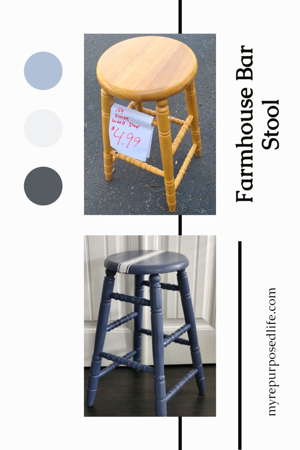 How to give a plain farmhouse bar stool a makeover using paint and stencil to do a grain sack design. Step by step directions. #MyRepurposedLife #upcycle #furniture #makeover #farmhouse #stool #grainsack via @repurposedlife